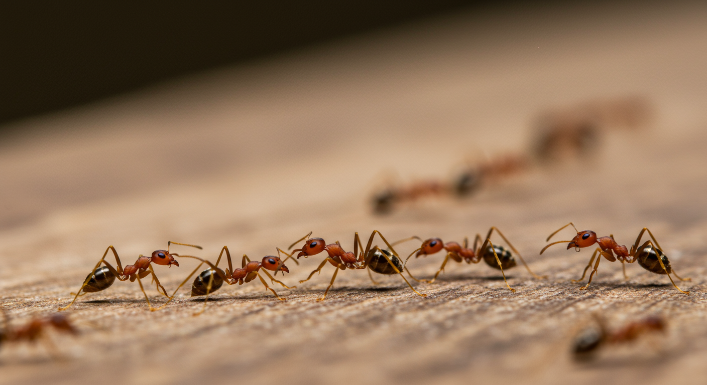 A close-up of a line of ants marching on a wooden surface, showcasing the common pest problem in Savannah.