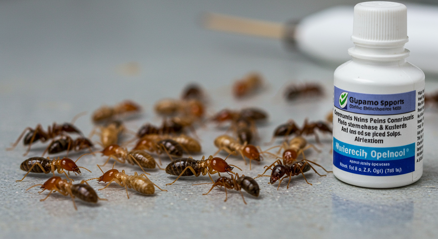 A close-up of common pests found in Albany, GA, such as termites and ants, displayed on a clean surface with a pest control product beside them.