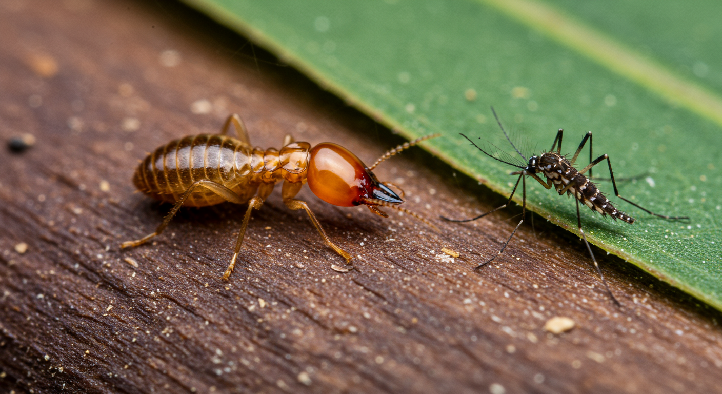 A close-up of common pests found in Alpharetta, such as a termite on wood and a mosquito on a leaf, showcasing the pests that homeowners might encounter.