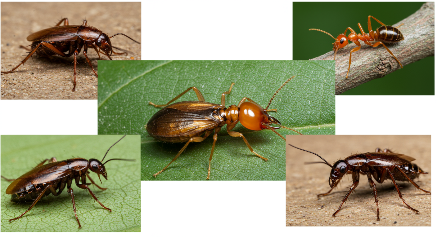 A collage of common pests found in Savannah, such as termites, ants, and roaches, arranged aesthetically to highlight the need for pest control services.