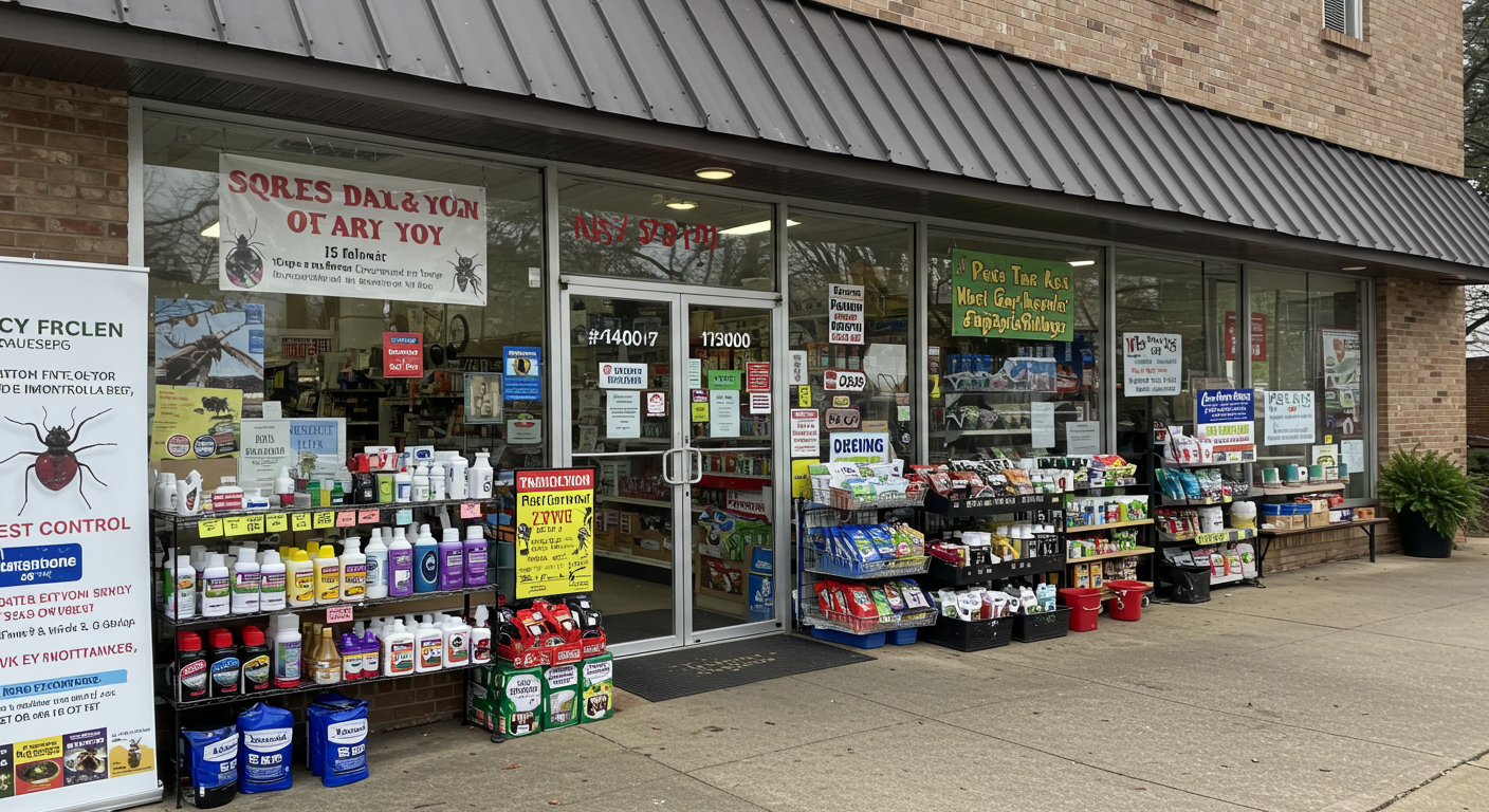 An inviting image of a local store in Dunwoody, GA, showcasing a variety of pest control products on display outside, with a welcoming atmosphere that encourages customers to enter.