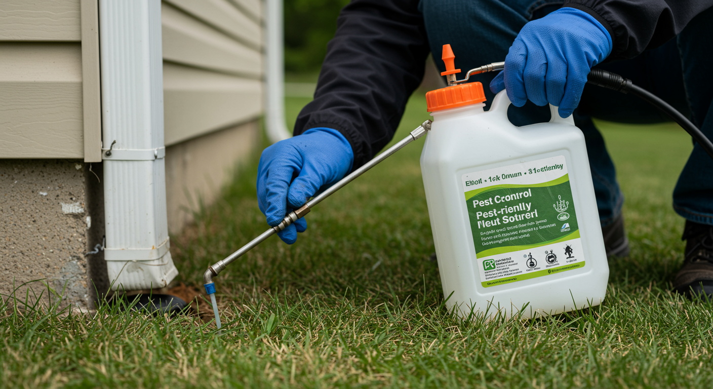 A close-up of a pest control technician applying eco-friendly pest control solutions around the foundation of a home. The focus is on the technician's careful application and the product being used.