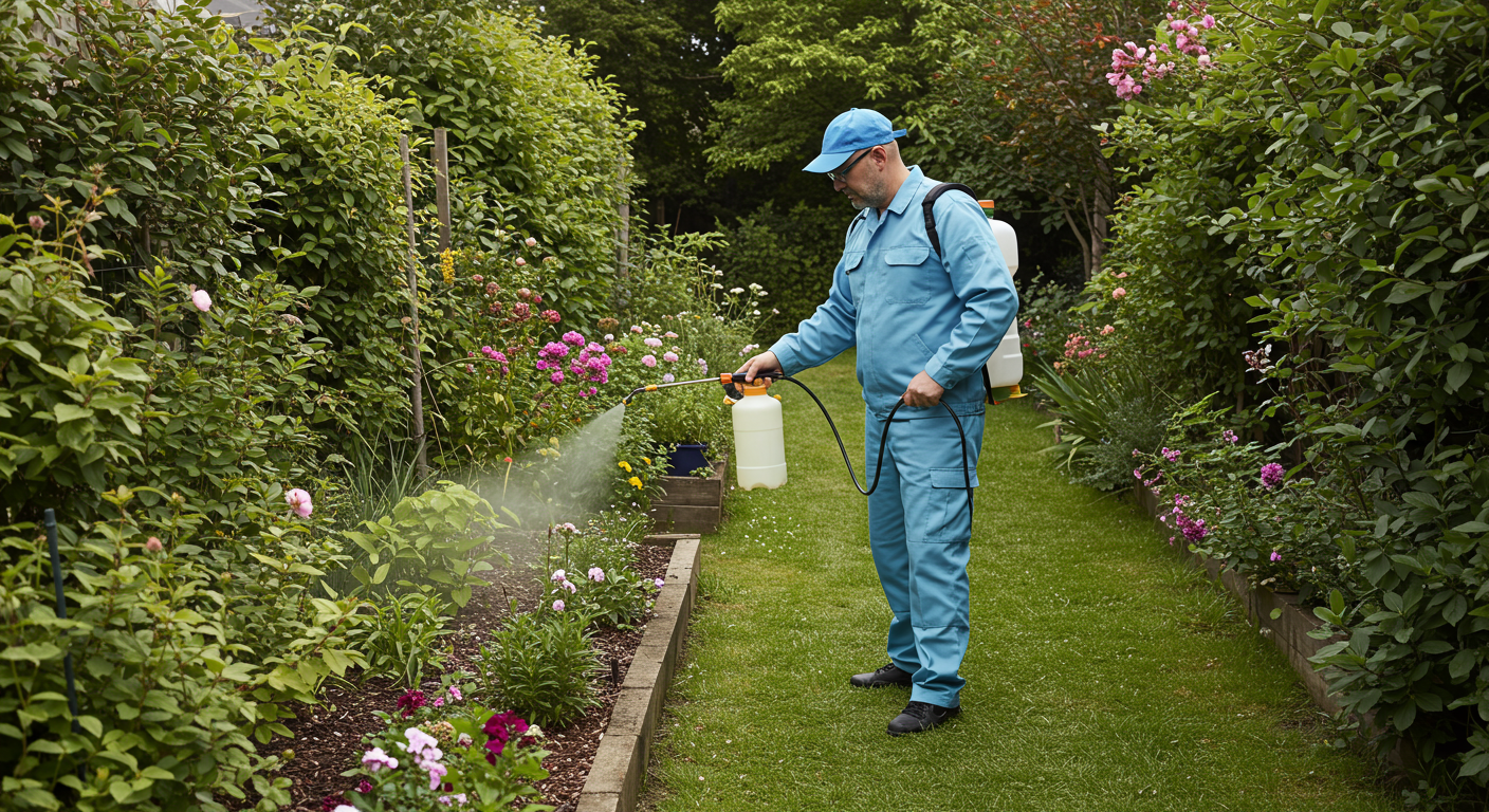 A pest control technician in a uniform applying eco-friendly pest control solutions in a residential backyard, surrounded by lush greenery.