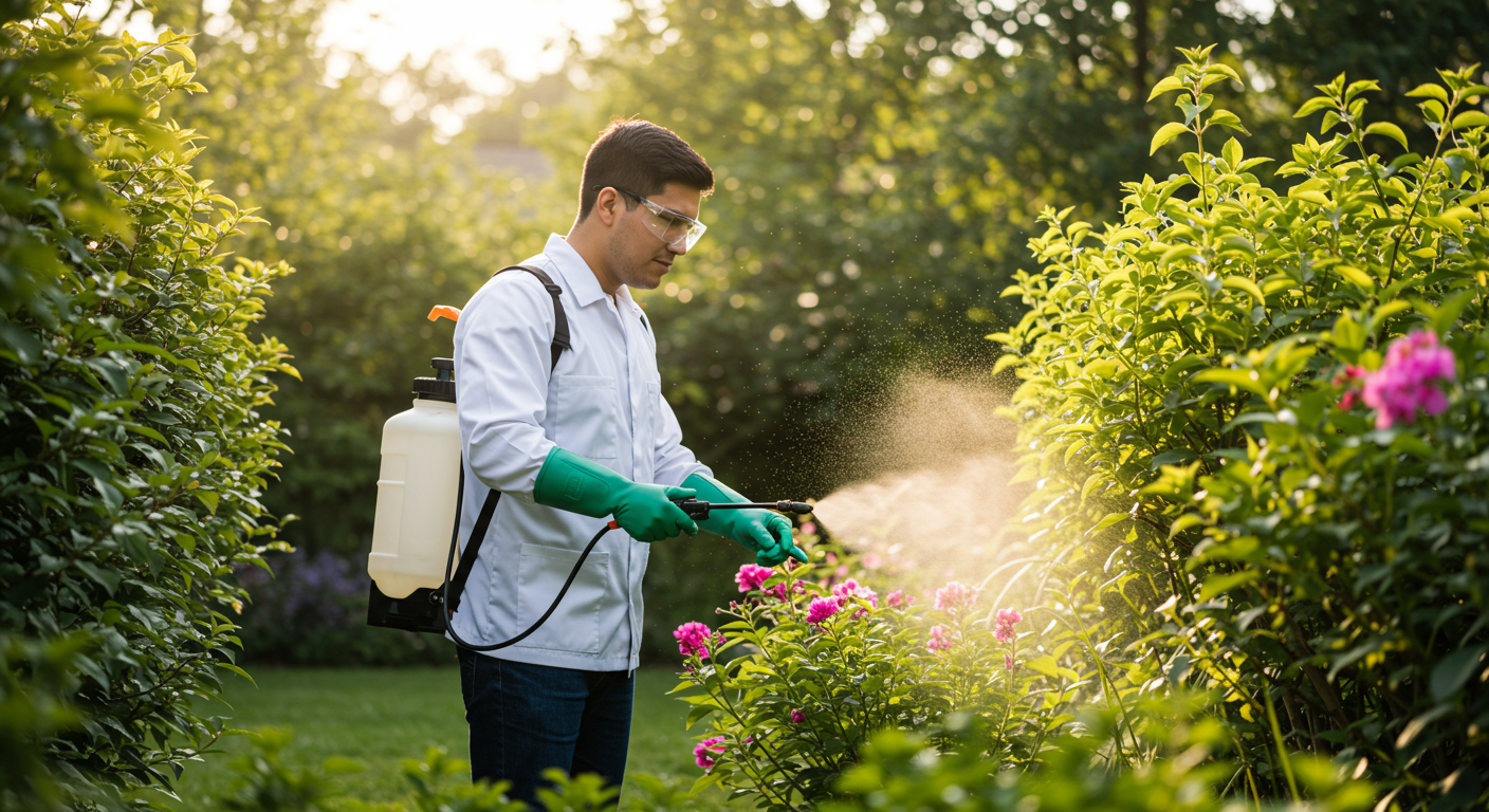 A pest control technician applying eco-friendly treatments in a residential backyard, surrounded by lush greenery.