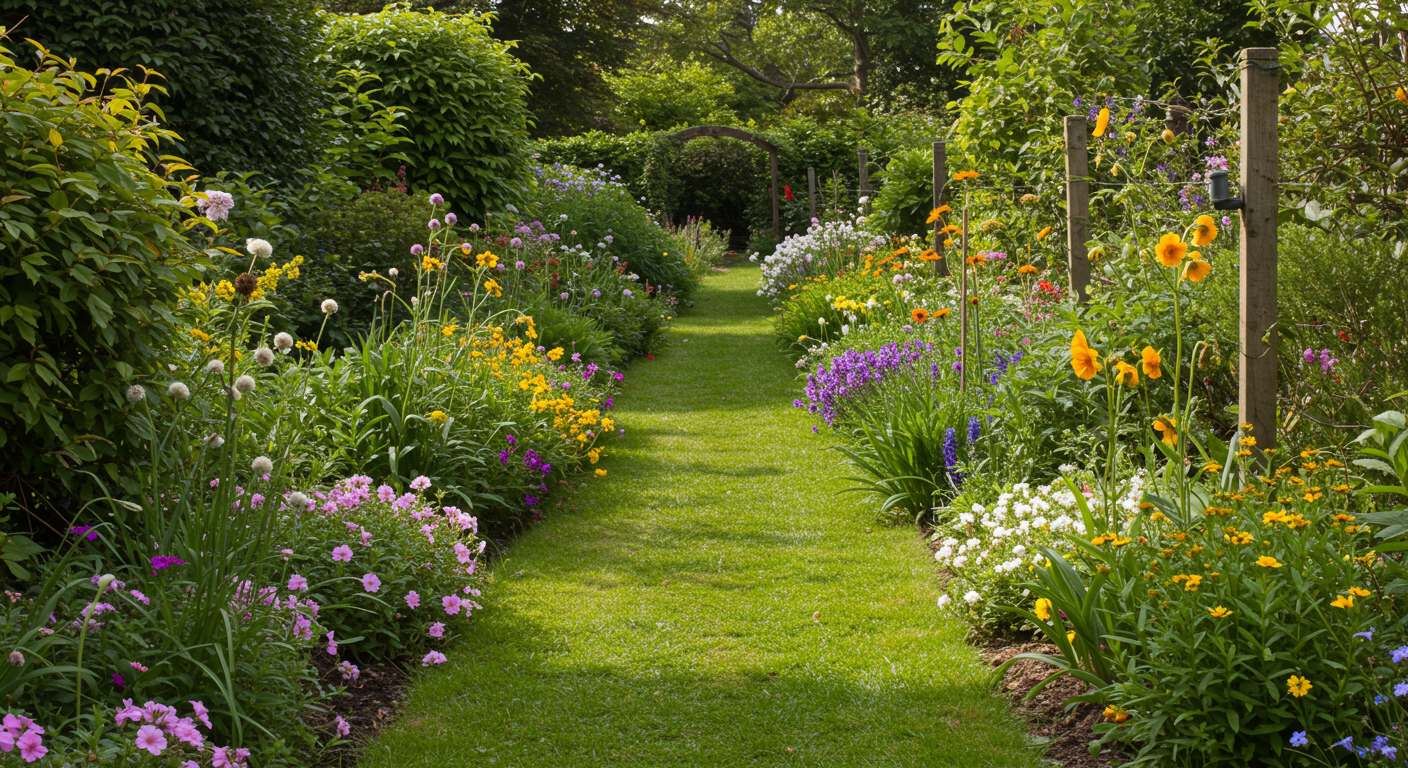 A serene garden scene featuring natural pest control methods, such as beneficial insects and organic pest deterrents. The image emphasizes sustainability and eco-friendliness in pest management practices.