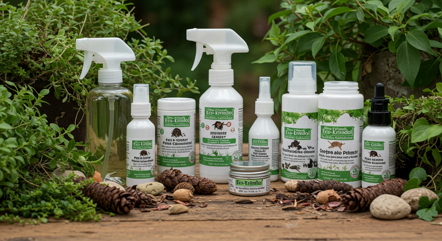 A close-up of eco-friendly pest control products displayed on a wooden table, surrounded by plants and natural elements. The products are labeled as safe for pets and children.