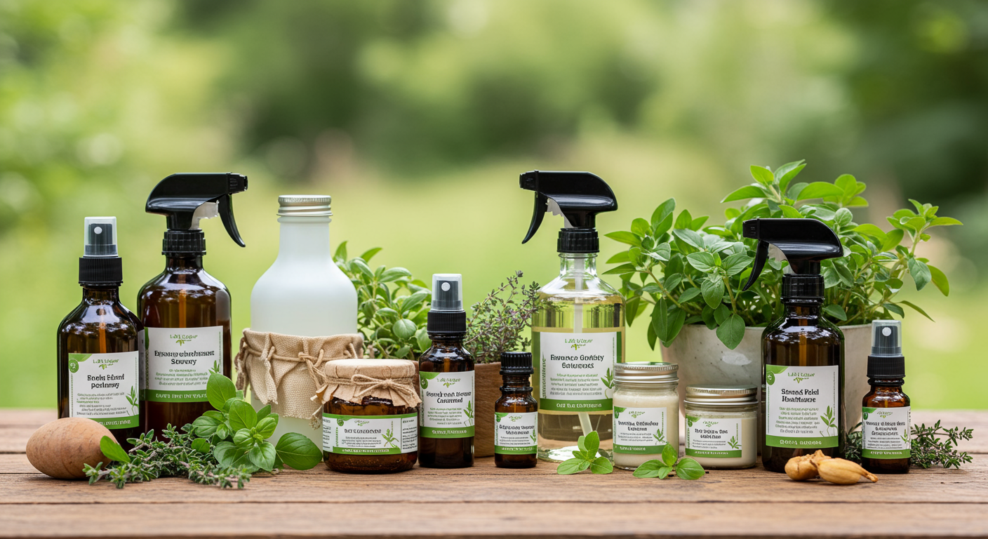 A visually appealing arrangement of eco-friendly pest control products on a wooden table, emphasizing sustainability and safety.