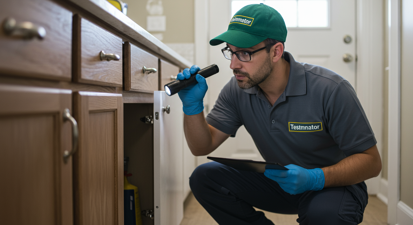 A professional exterminator in a uniform inspecting a residential home for pests. The exterminator is using a flashlight to check under a sink, with a focus on the action of pest inspection.