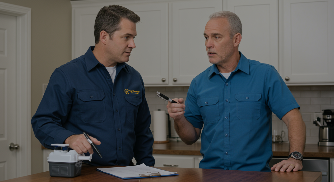 An exterminator discussing pest control options with a homeowner in their kitchen. The image captures a moment of trust and professionalism, showcasing the consultation aspect of pest control services.