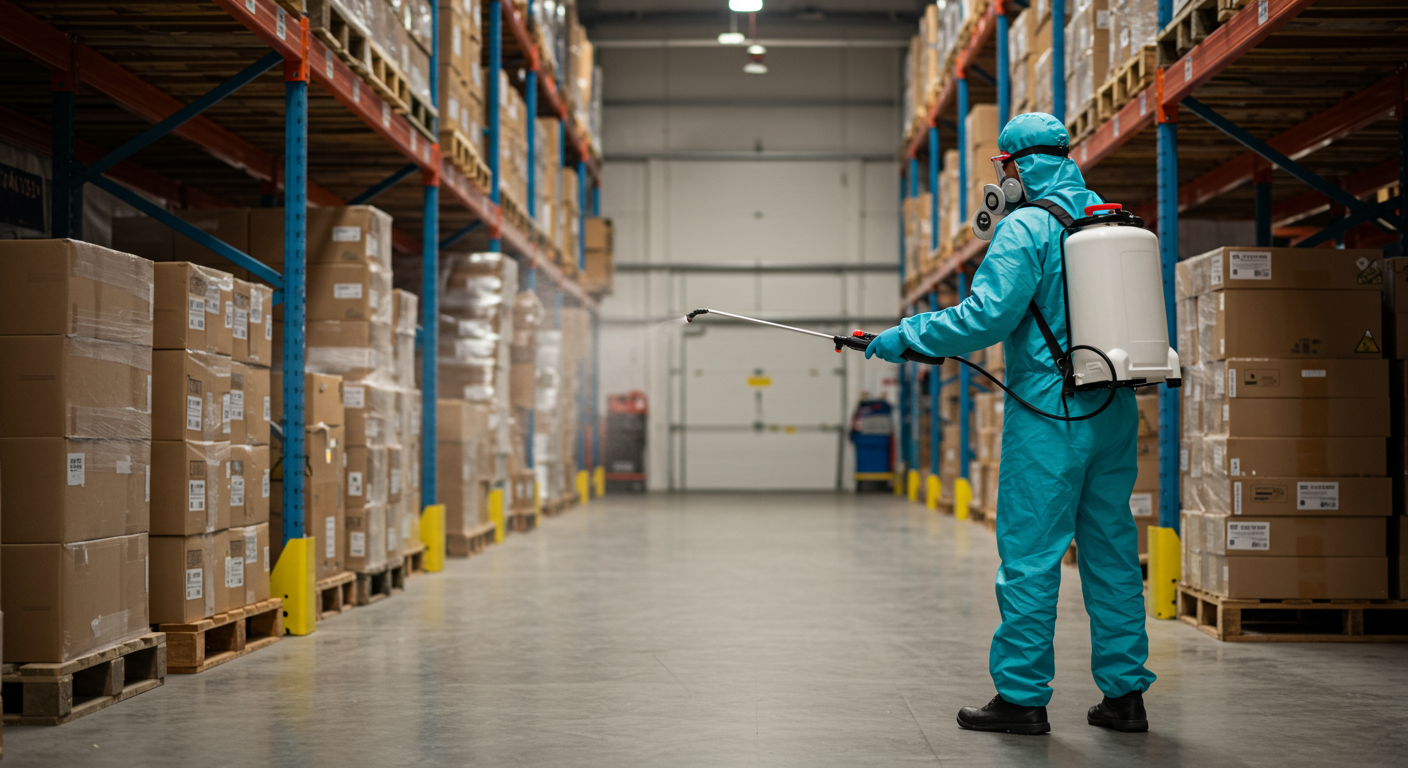 Exterminator Treating Commercial Warehouse