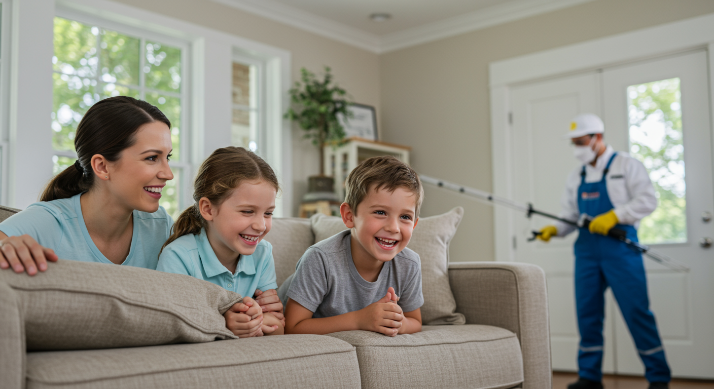 A family happily enjoying their home, with a pest control technician working in the background. This image conveys peace of mind and safety after termite treatment.