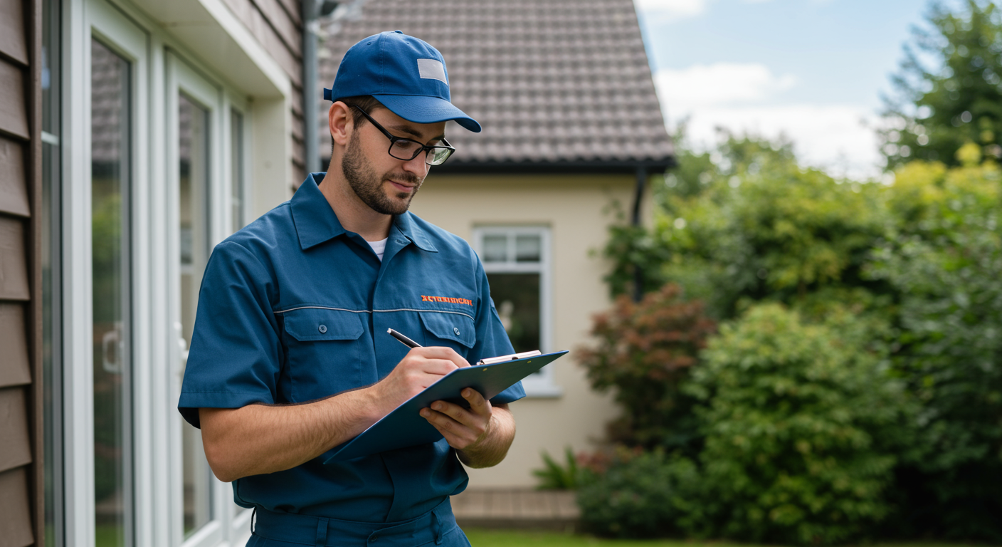 A friendly exterminator in uniform inspecting a residential home for pests, with a clipboard in hand, taking notes. The background shows a well-maintained garden and a clear blue sky.