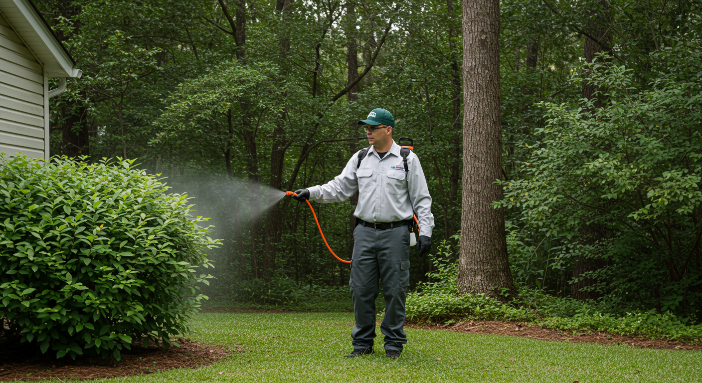 A professional exterminator in uniform applying eco-friendly pest control solutions in a residential backyard in Valdosta, GA. The scene captures the exterminator using a sprayer while surrounded by lush greenery.