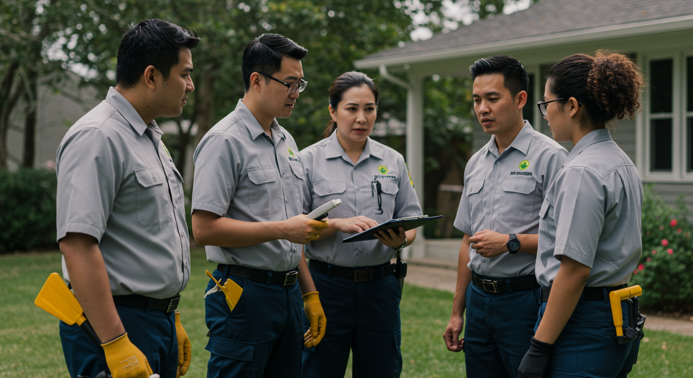 A diverse team of pest control professionals discussing a pest management plan in front of a house, with tools and eco-friendly products visible.