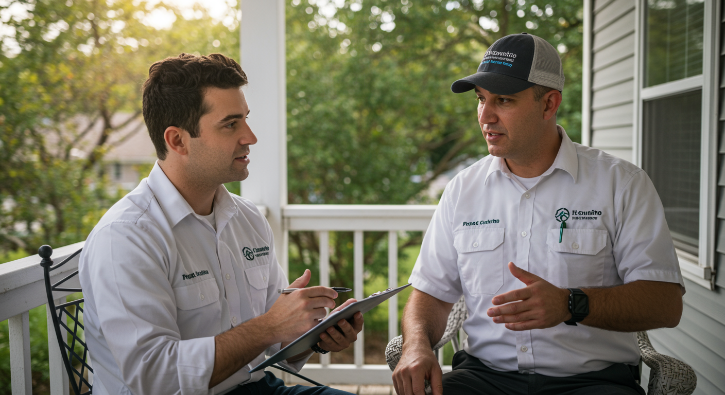 A friendly pest control technician discussing fumigation options with a homeowner on their porch. The setting is warm and inviting, showcasing a personal touch in customer service.