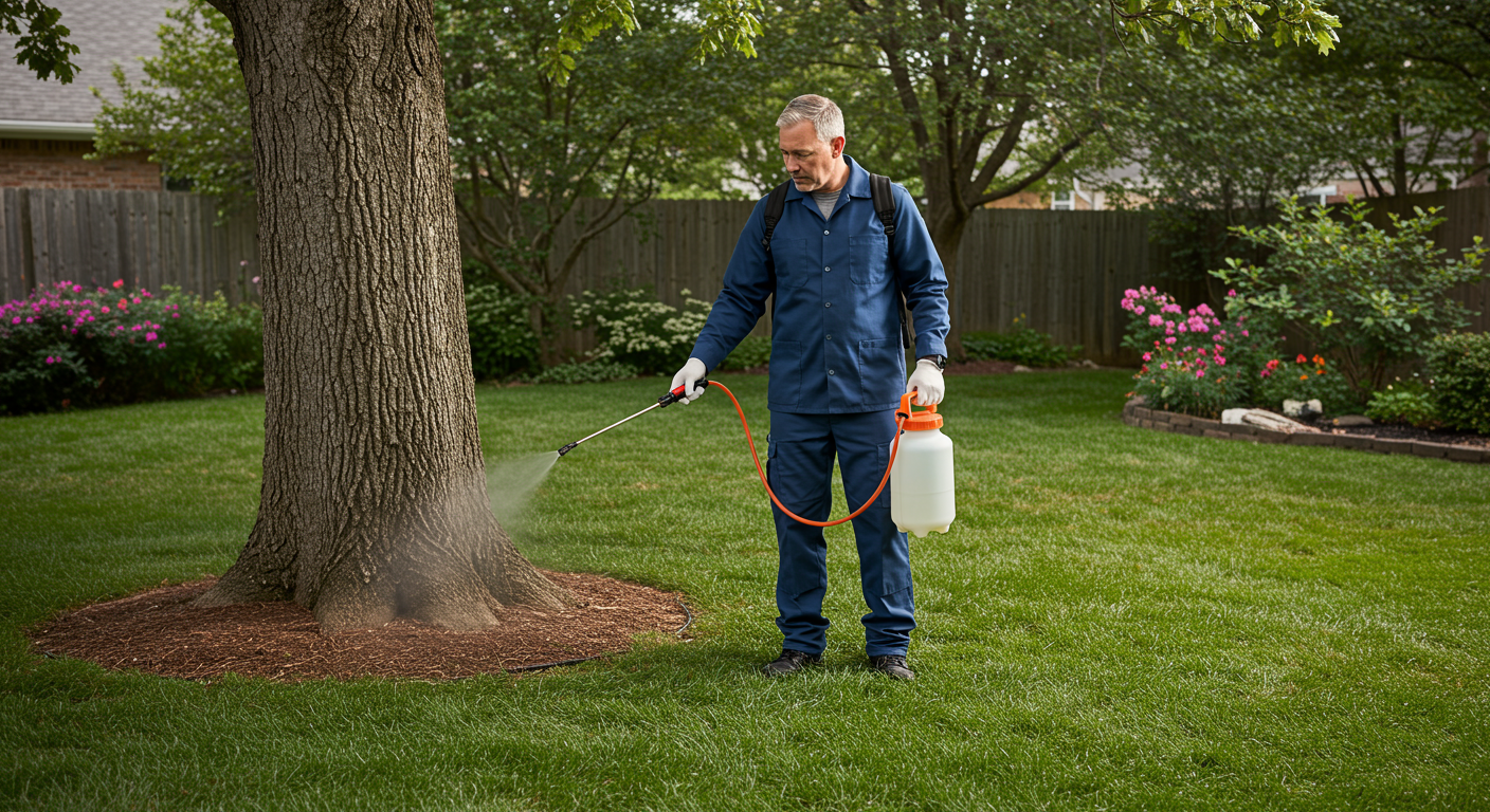 A professional pest control technician in uniform applying treatment in a residential backyard, showcasing the process of pest management.