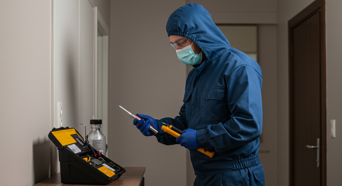 A professional pest control technician in uniform inspecting a residential home for pests, with a focus on the technician's tools and equipment.