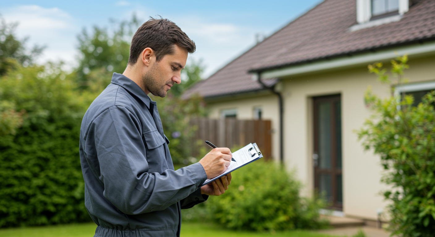A professional pest control technician in uniform, inspecting a residential property with a clipboard in hand. The background features a well-maintained garden and a clear blue sky, symbolizing a pest-free environment.