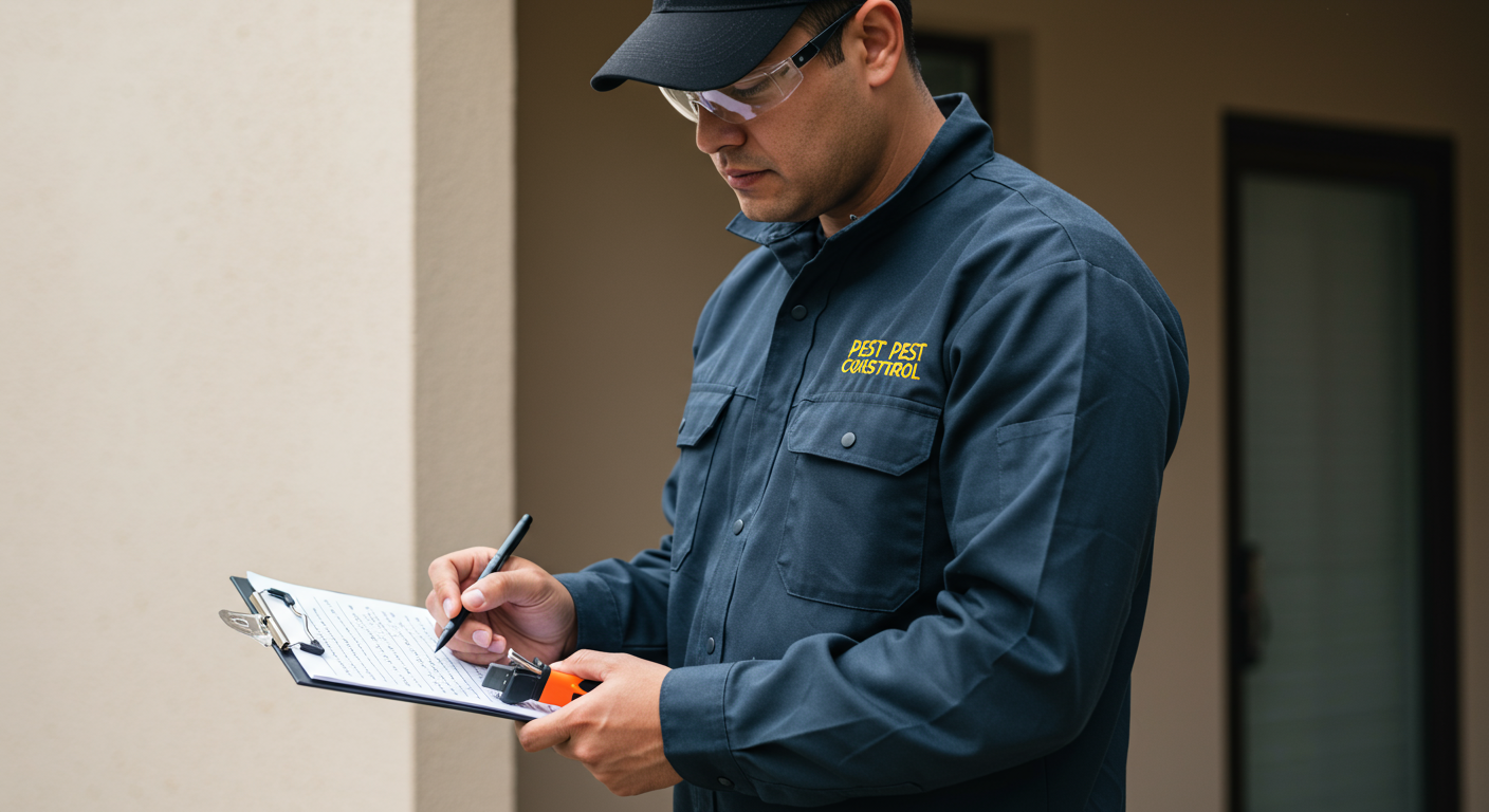 A pest control technician in uniform inspecting a residential property for pests
