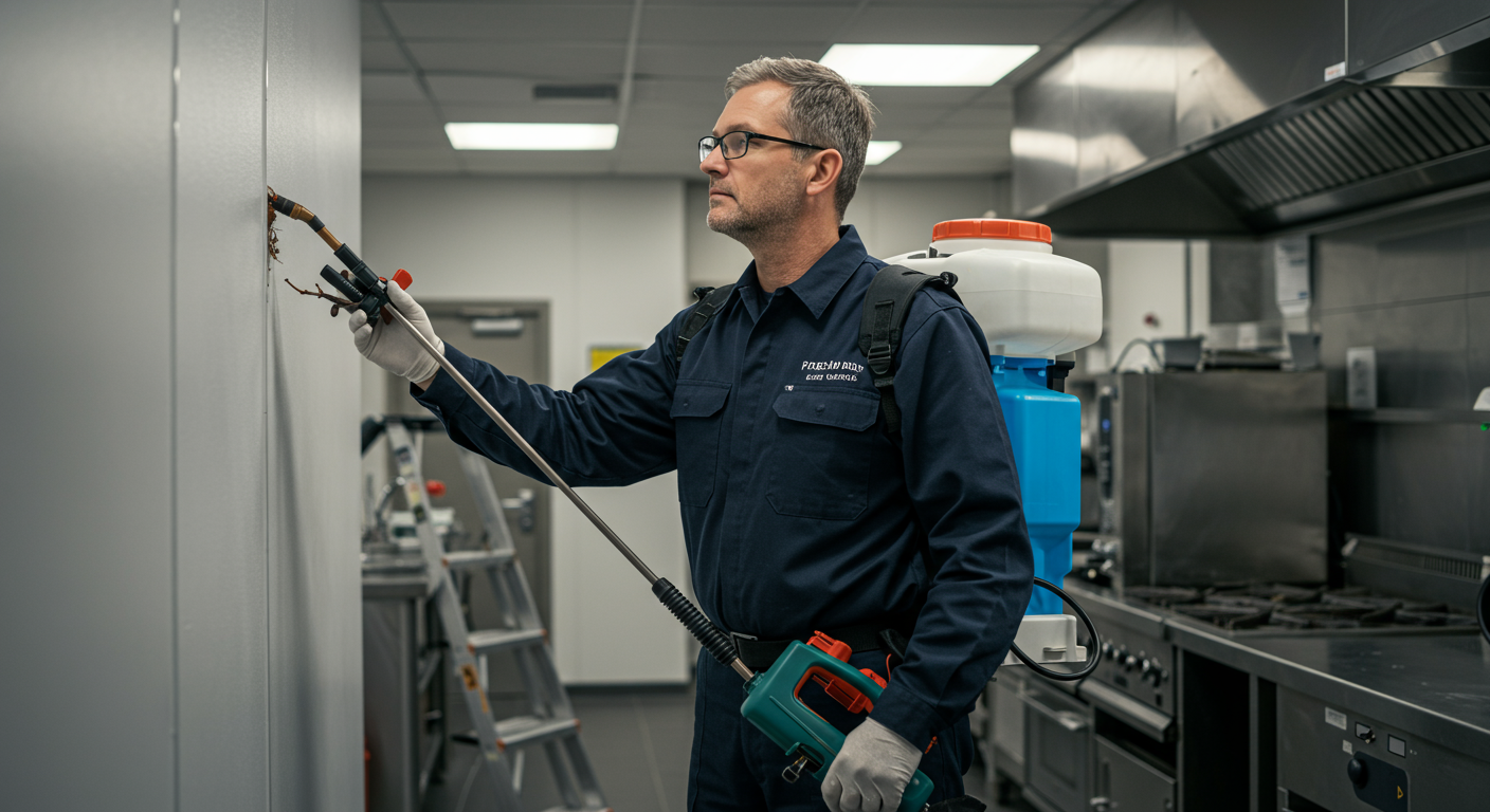 A professional pest control technician in uniform inspecting a commercial property, with a focus on the technician's tools and equipment.