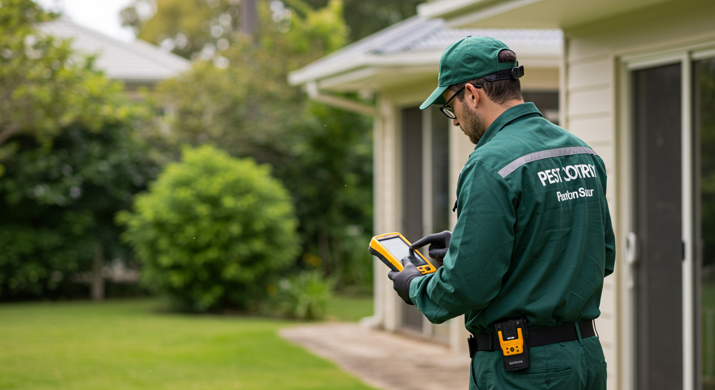 A professional pest control technician in uniform inspecting a residential property for pests. The technician is using a handheld device to check for termite activity, with a clear view of the house and garden in the background.
