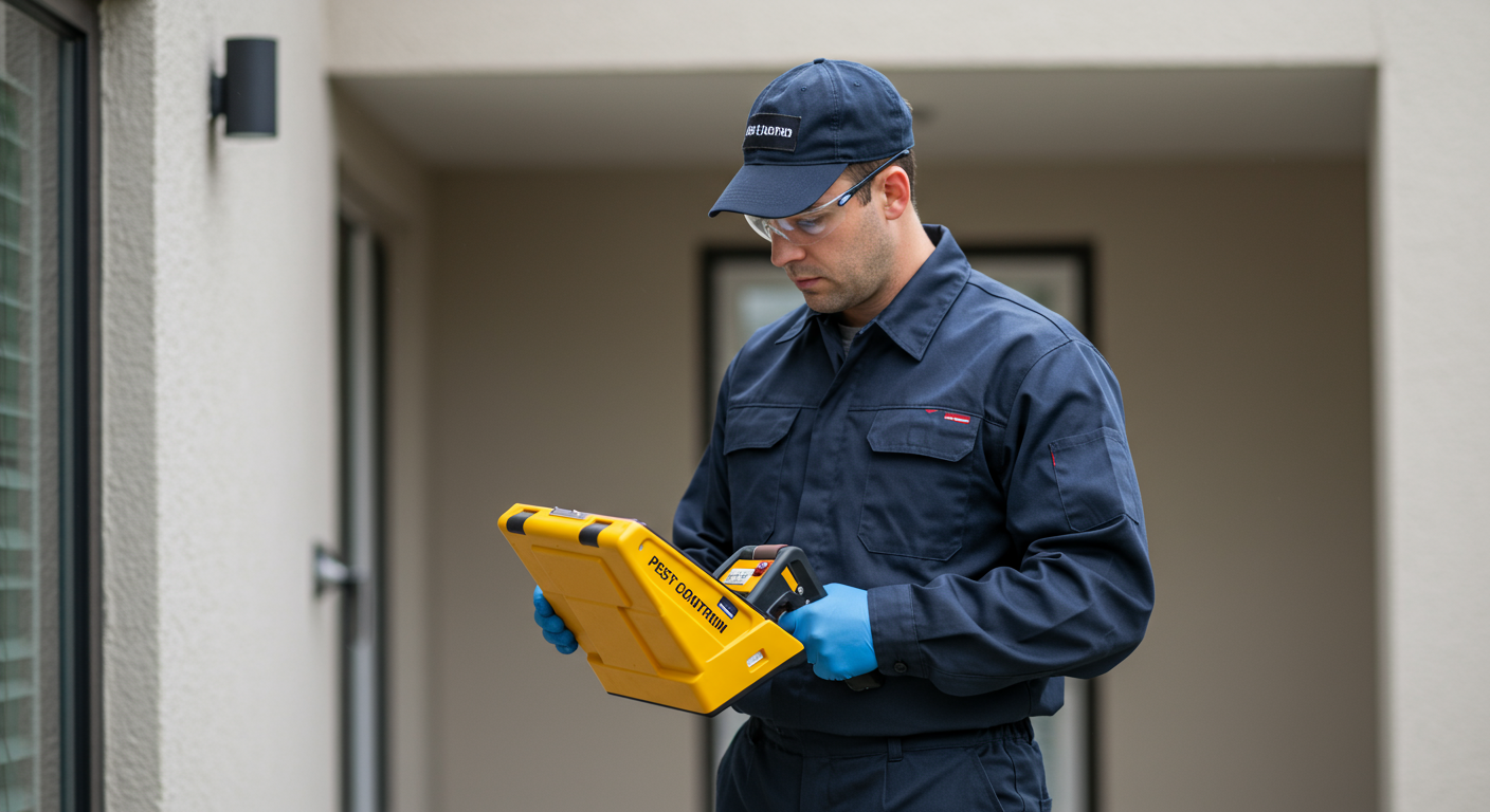 A pest control technician in uniform, actively inspecting a residential property for pests. The technician is using modern equipment, showcasing professionalism and expertise.