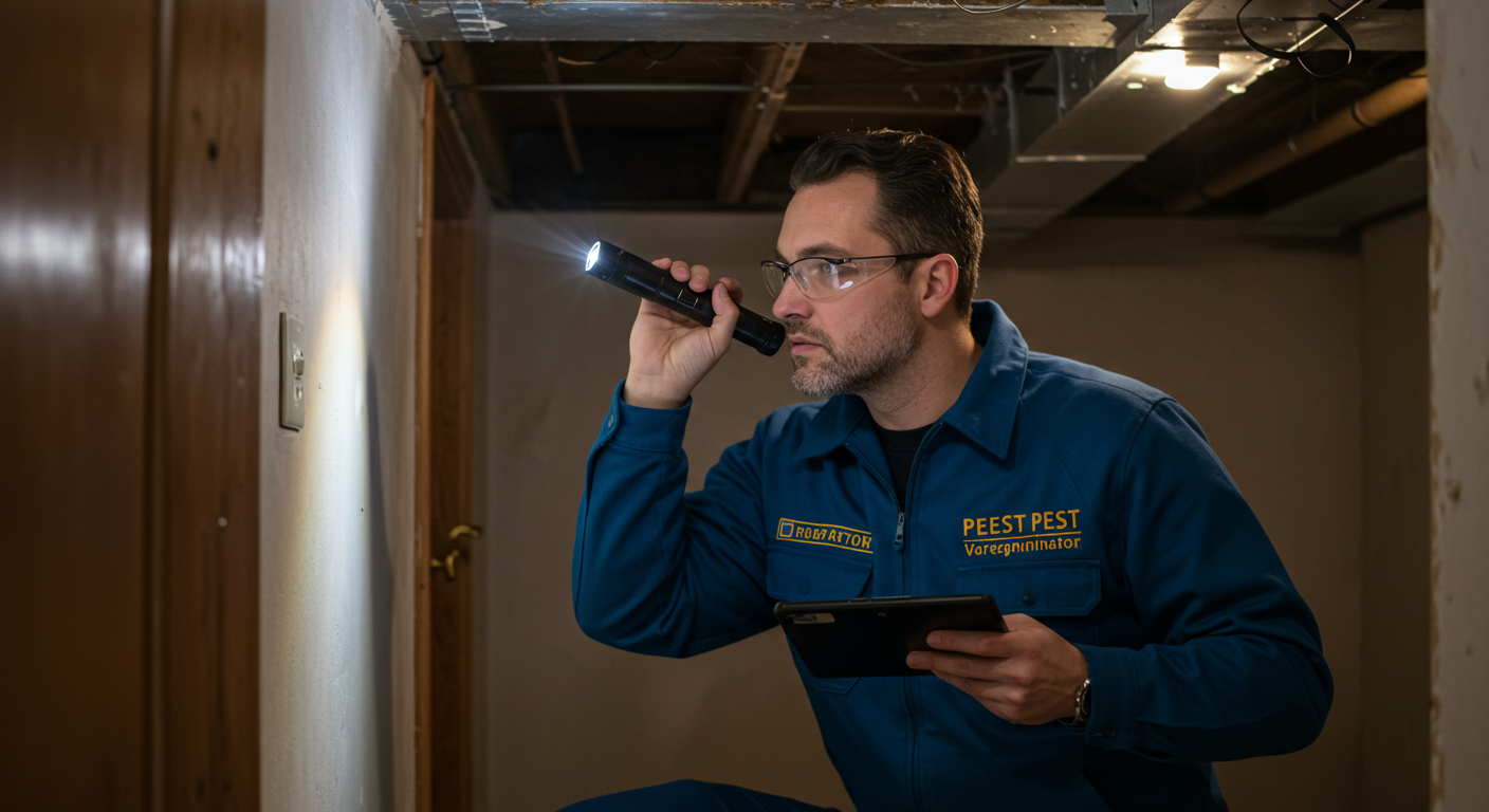 A professional pest exterminator in uniform, inspecting a residential home for pest infestations. The exterminator is using a flashlight to examine a corner of the basement, highlighting their expertise.