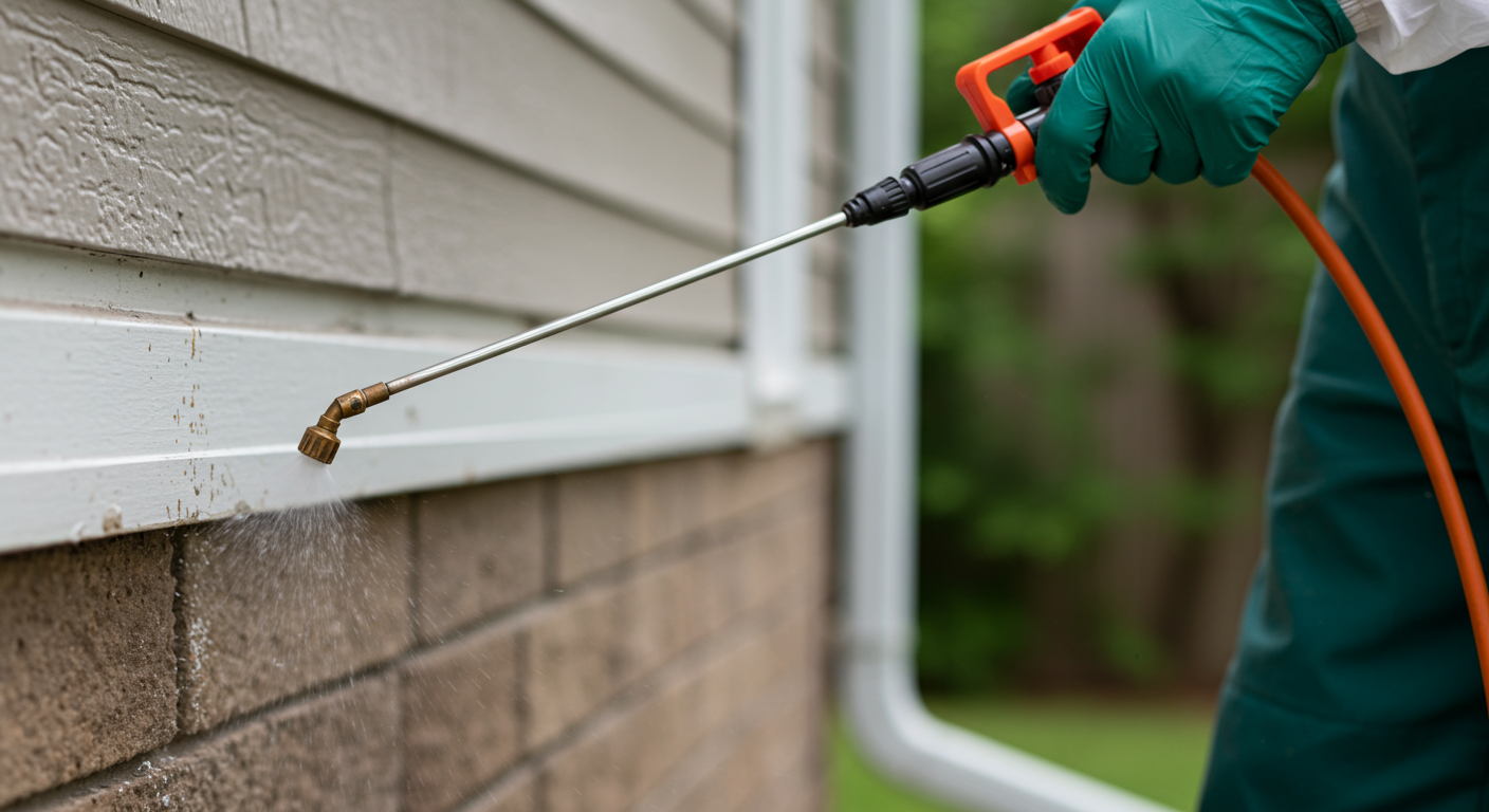 A close-up shot of a professional pest control technician applying termite spray around the foundation of a home. The technician is wearing protective gear, and the focus is on the spray nozzle.