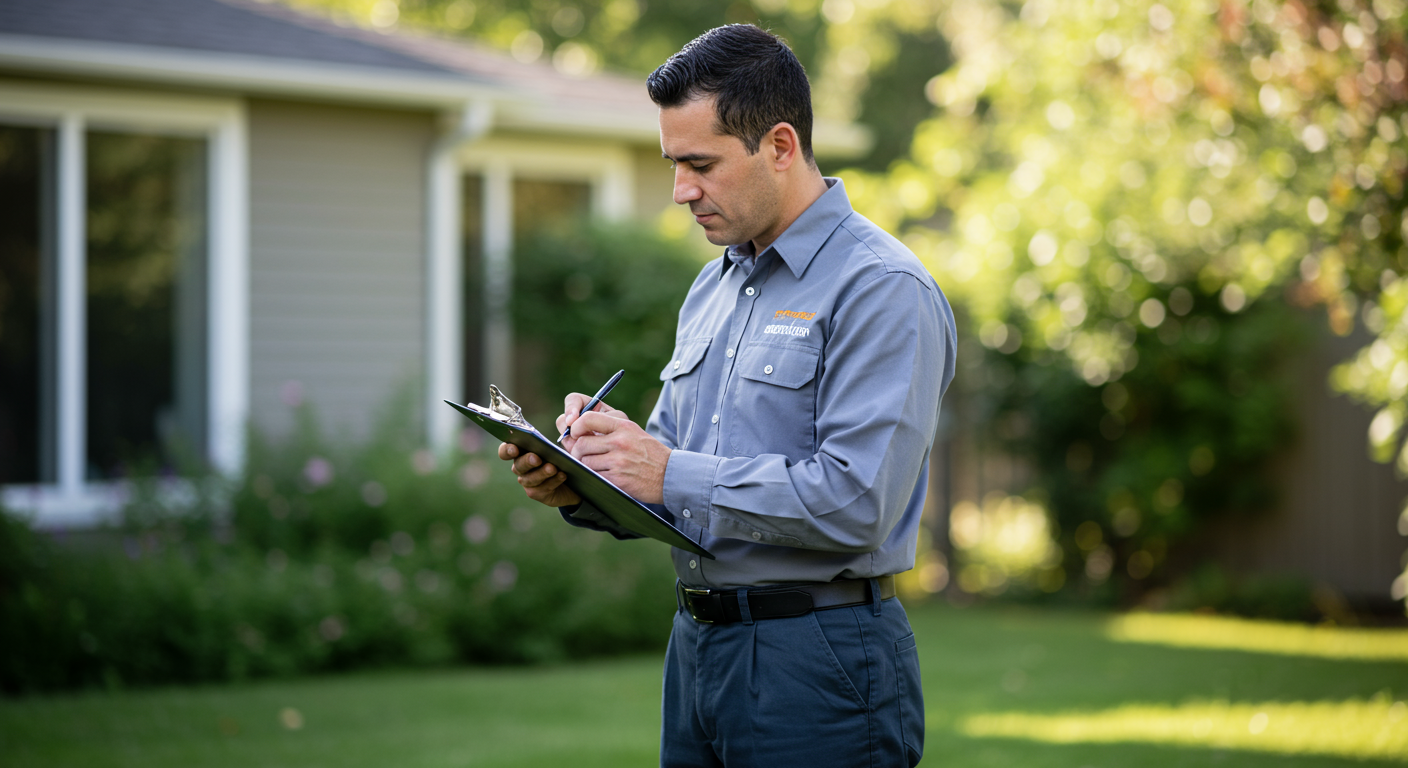 A professional exterminator in uniform inspecting a residential home for pests, using a clipboard to take notes. The background shows a well-maintained yard, emphasizing a safe and clean environment.