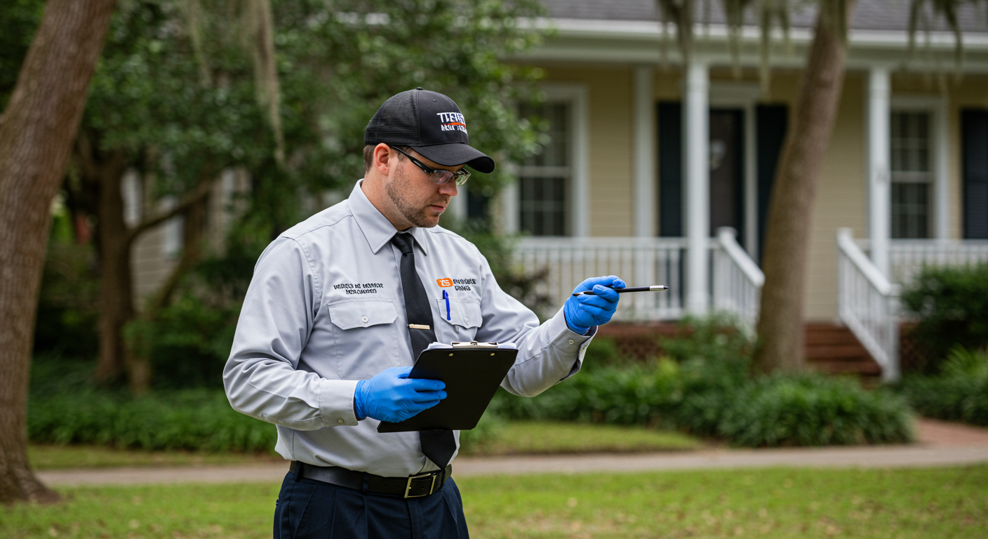 A professional pest exterminator in uniform inspecting a residential property in Savannah, GA, with a focus on the exterior of the house and surrounding greenery.