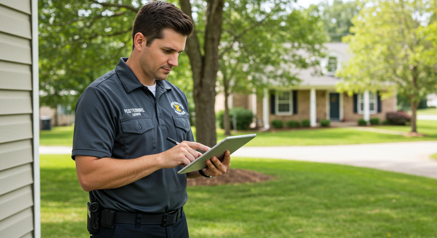 A friendly pest control technician inspecting a home’s exterior in Smyrna, GA