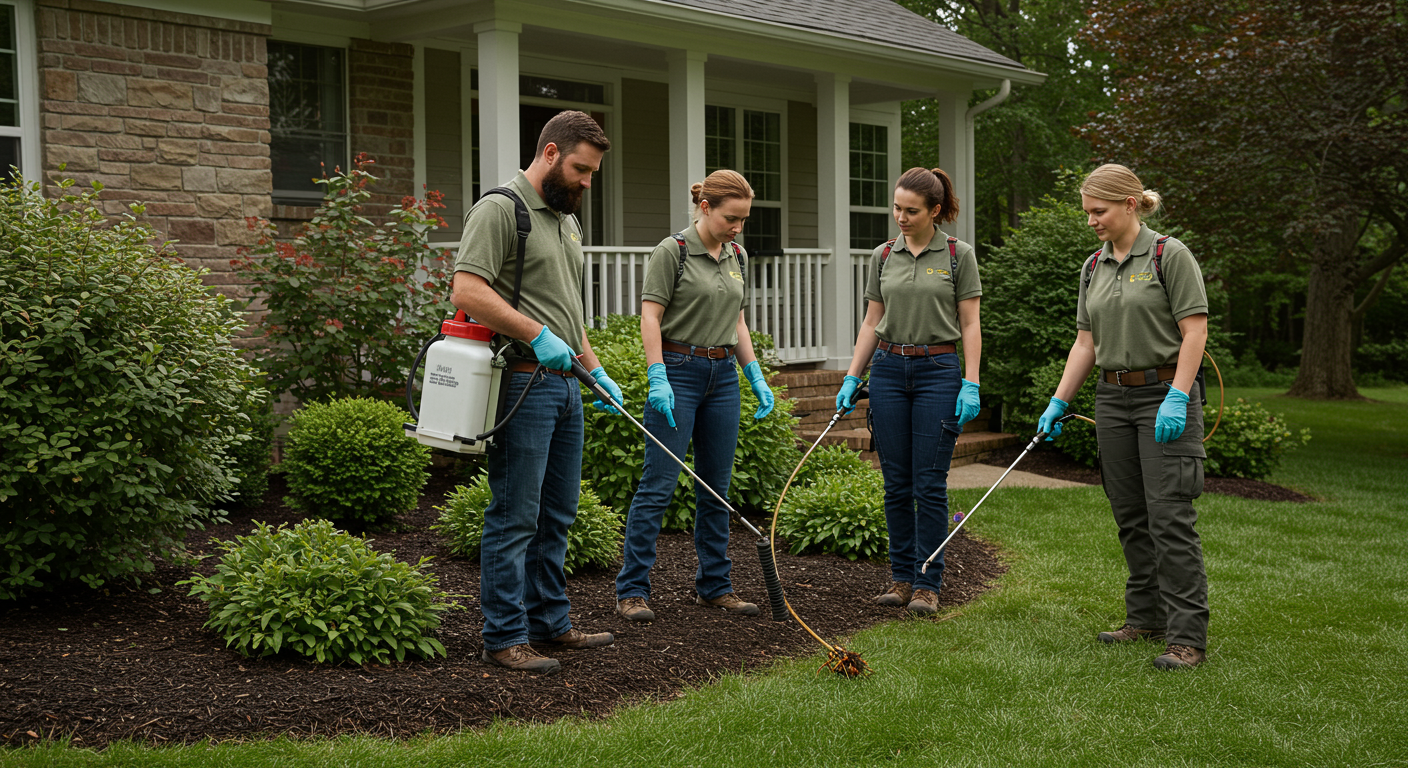 A pest control team working together to apply eco-friendly treatments around a home, with a focus on teamwork and professionalism.