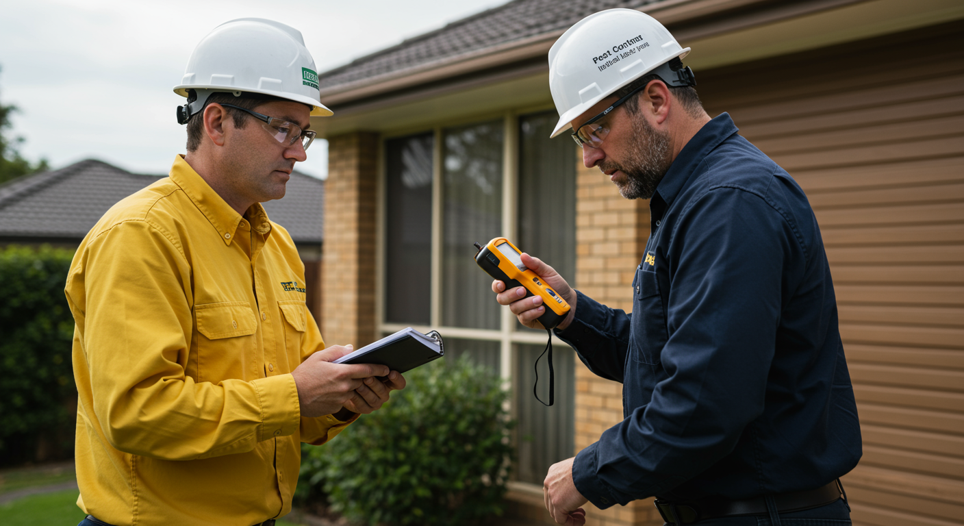An action shot of a pest control expert inspecting a property for termites, using advanced technology like a moisture meter. The setting is a suburban home, highlighting the importance of thorough inspections in pest prevention.