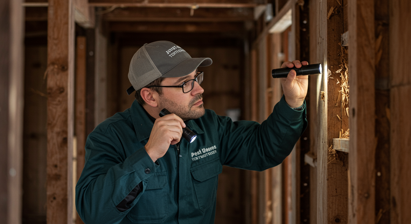 A professional pest control technician in uniform inspecting a home for termite damage. The technician is using a flashlight to examine wooden structures, with a focus on the areas where termites are likely to infest.