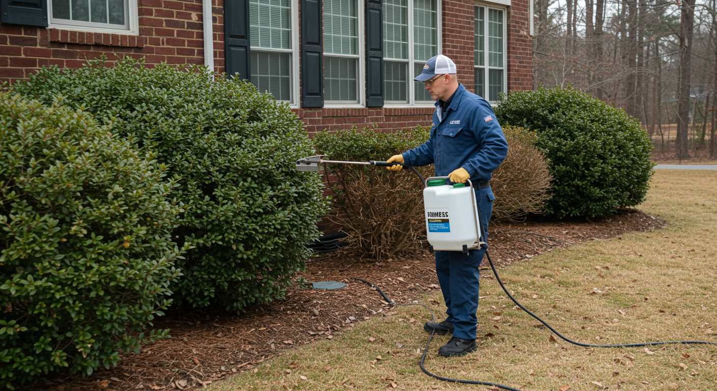 A technician applying a termite treatment solution around the perimeter of a house, demonstrating the proactive steps taken to protect homes from infestations. The setting is a suburban neighborhood in Sandy Springs.