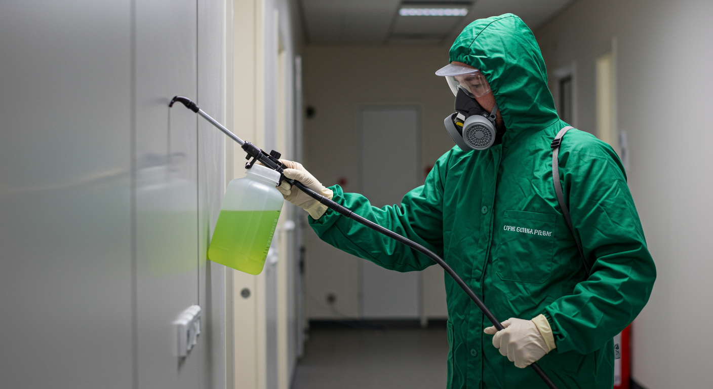 A technician applying an eco-friendly termite treatment solution in a commercial setting. The image highlights the use of natural products and emphasizes sustainability in pest control.