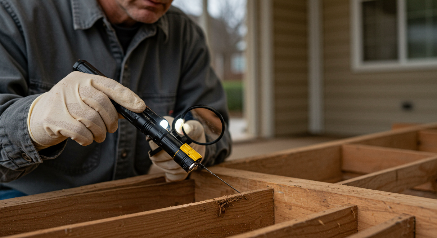 A pest control professional inspecting wooden structures for termite damage