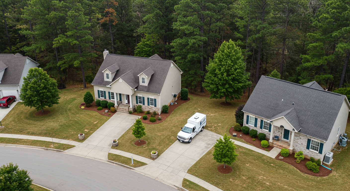 An aerial view of a residential neighborhood in Alpharetta, GA, with a pest control vehicle parked in front of a home. This image conveys the local aspect of the service and the accessibility of pest control solutions.