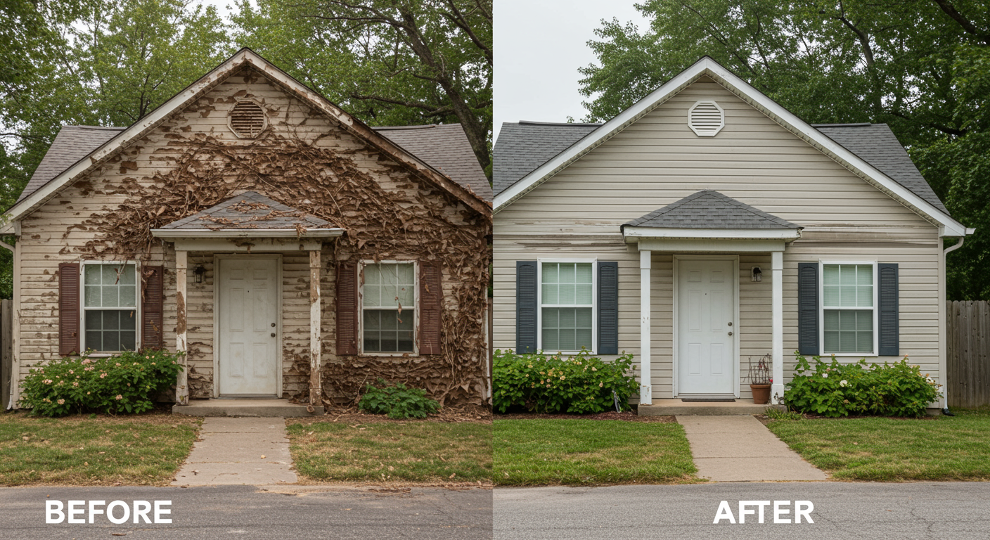 A split image showing a home before and after pest control treatment. The 'before' side shows signs of pest damage, while the 'after' side is clean and well-maintained.