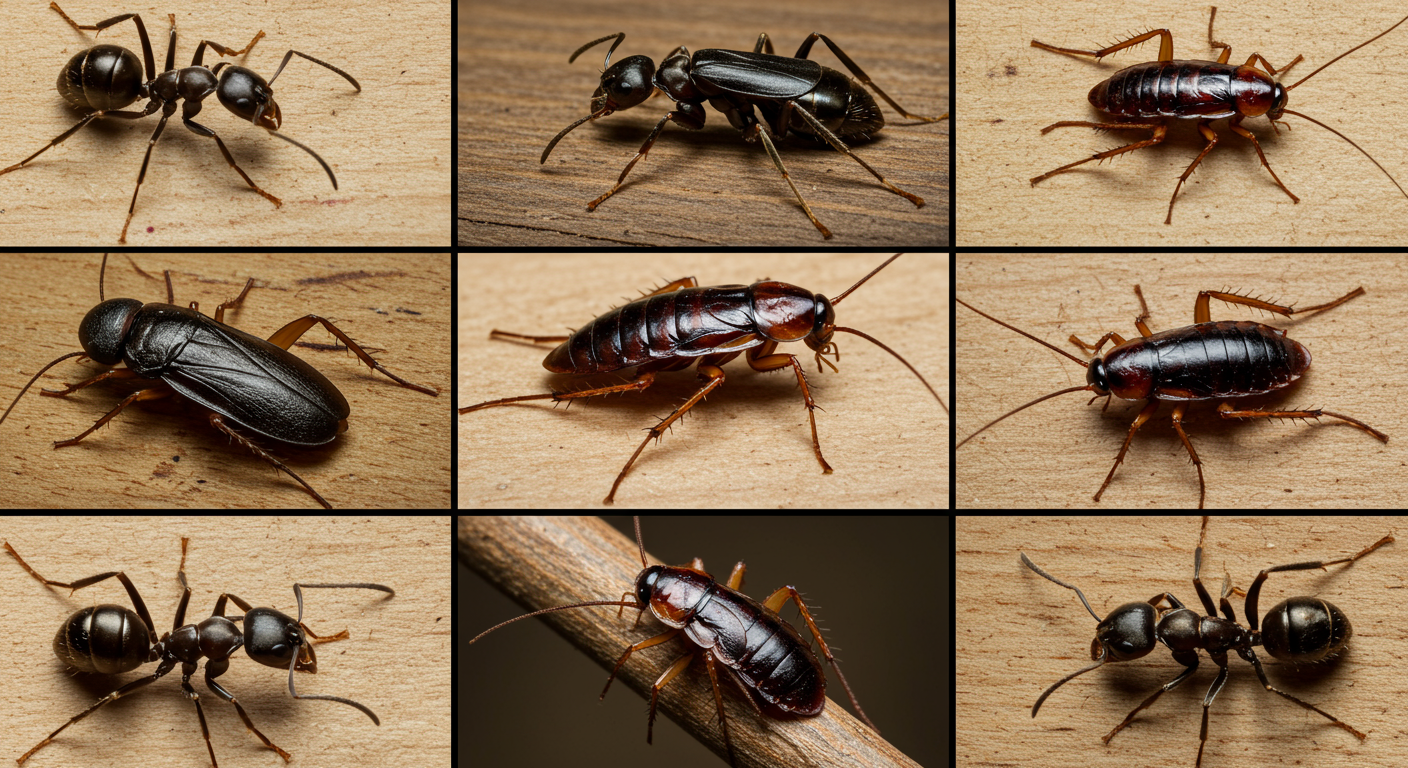 A close-up collage of common pests found in Atlanta, such as ants, cockroaches, and spiders, displayed on a wooden surface. Each pest is clearly visible, showcasing their unique features in a natural setting.