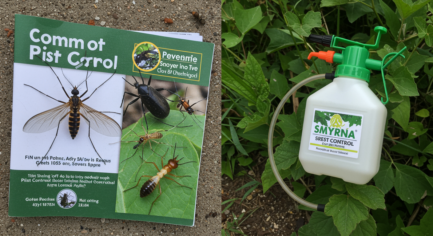 A detailed shot of common pests found in Smyrna, such as mosquitoes and termites, with a pest control brochure and insect sprayer in the foreground. This image educates viewers on local pest issues.
