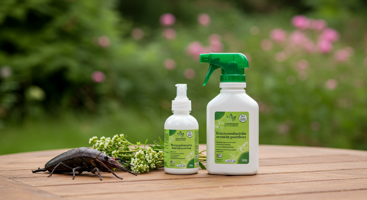 An eco-friendly pest control product displayed on a wooden table outdoors, with greenery and flowers in the background, highlighting sustainable practices.