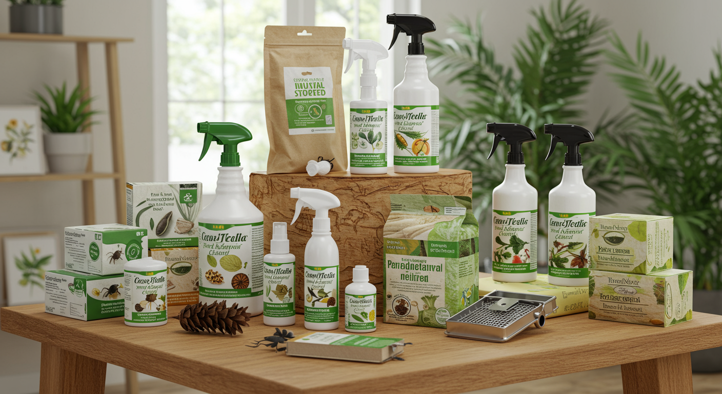 A display of various eco-friendly pest control products on a wooden table, including sprays, traps, and natural repellents. The setting is bright and airy, with plants in the background.