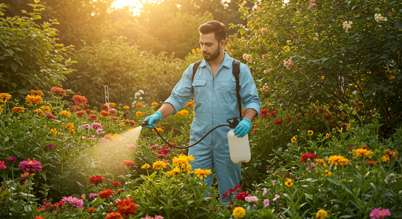 A pest control technician applying natural pest control solutions in a lush garden setting, surrounded by vibrant flowers and greenery.