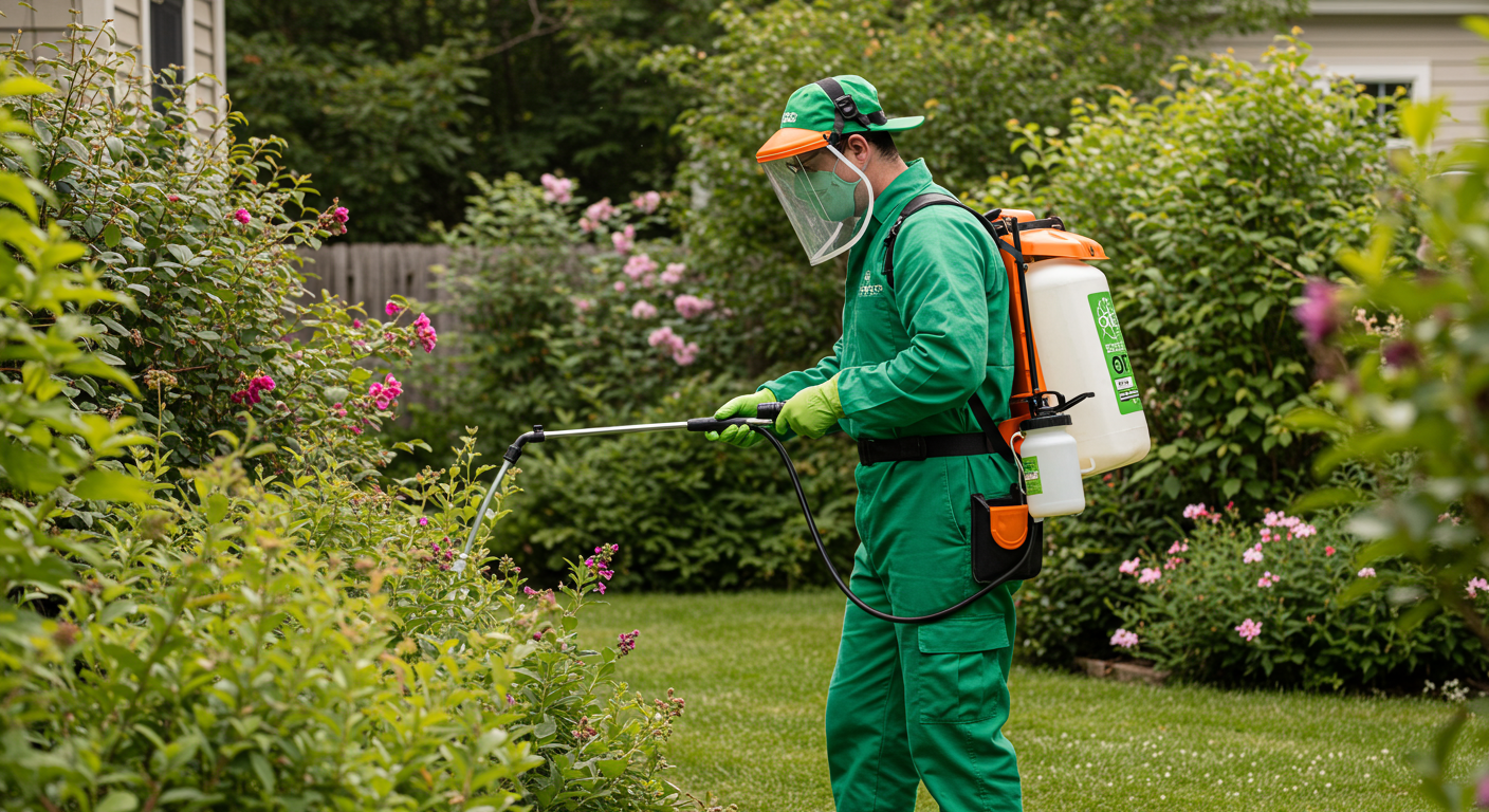 A pest control technician applying a natural pest control solution in a residential backyard, surrounded by lush greenery and flowers. The technician is wearing eco-friendly protective gear, emphasizing safety and environmental consciousness.