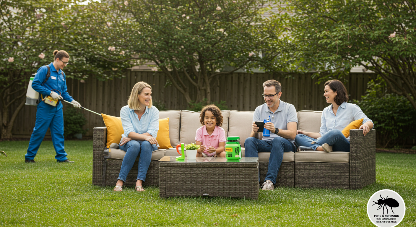 A family enjoying their backyard, free from pests, with a pest control technician in the background performing treatments.