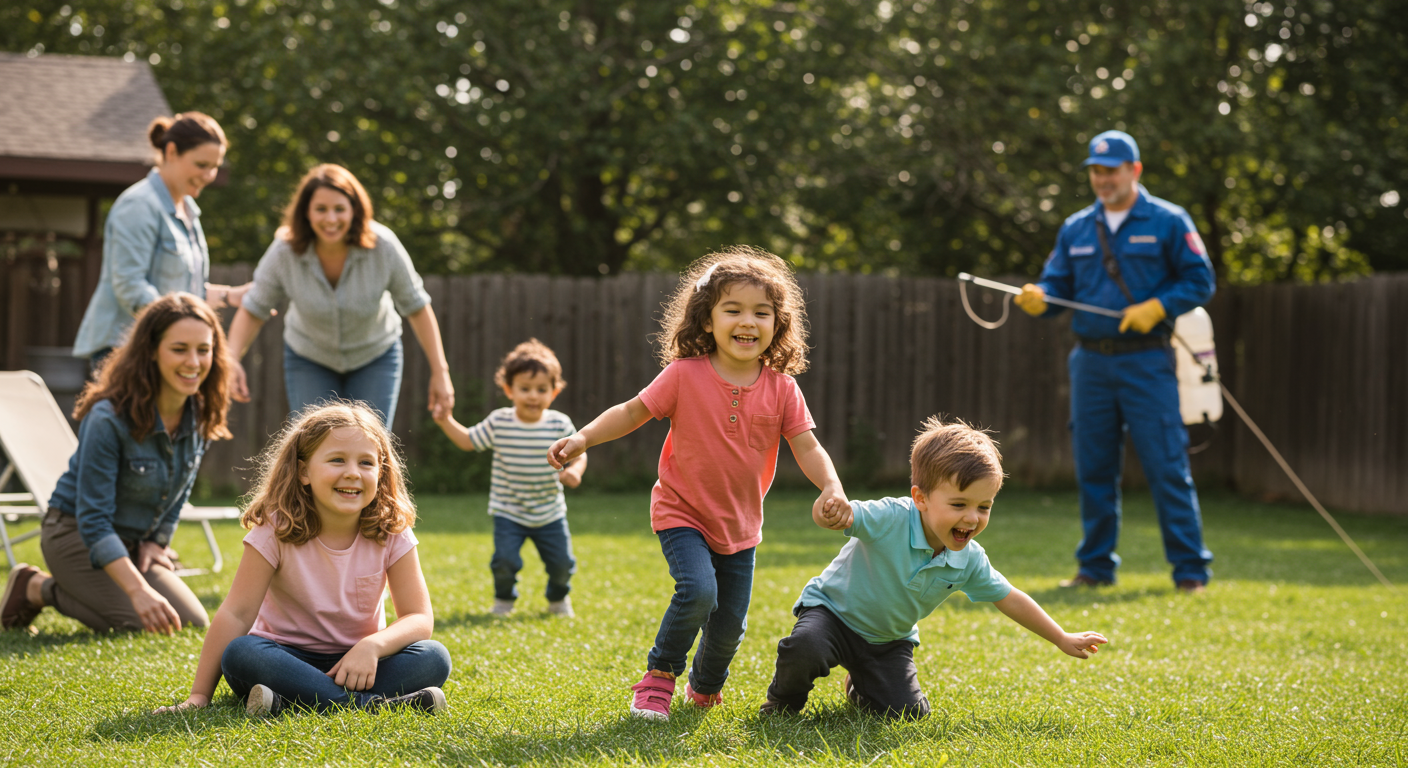 A family enjoying their pest-free backyard, with children playing and a pest control technician in the background ensuring the area is safe and treated, emphasizing family safety and satisfaction.