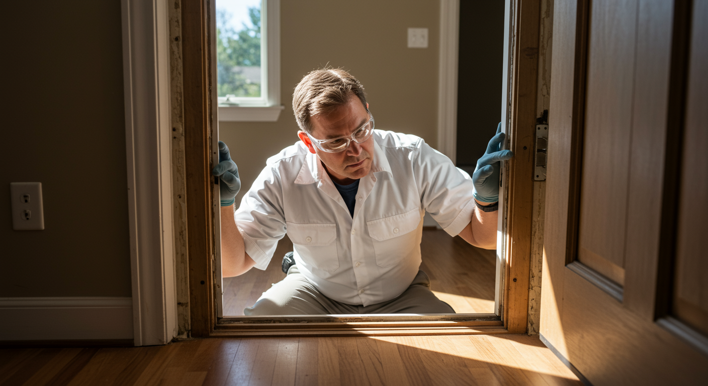 A professional pest control technician inspecting a home’s interior, focusing on common pest entry points like windows and door frames.