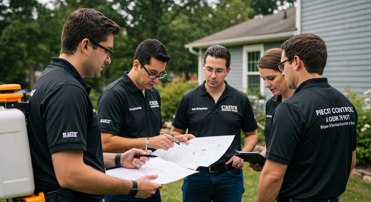 A team of local pest control experts discussing a treatment plan outdoors, with a house in the background. They are engaged and focused, showcasing teamwork and expertise.