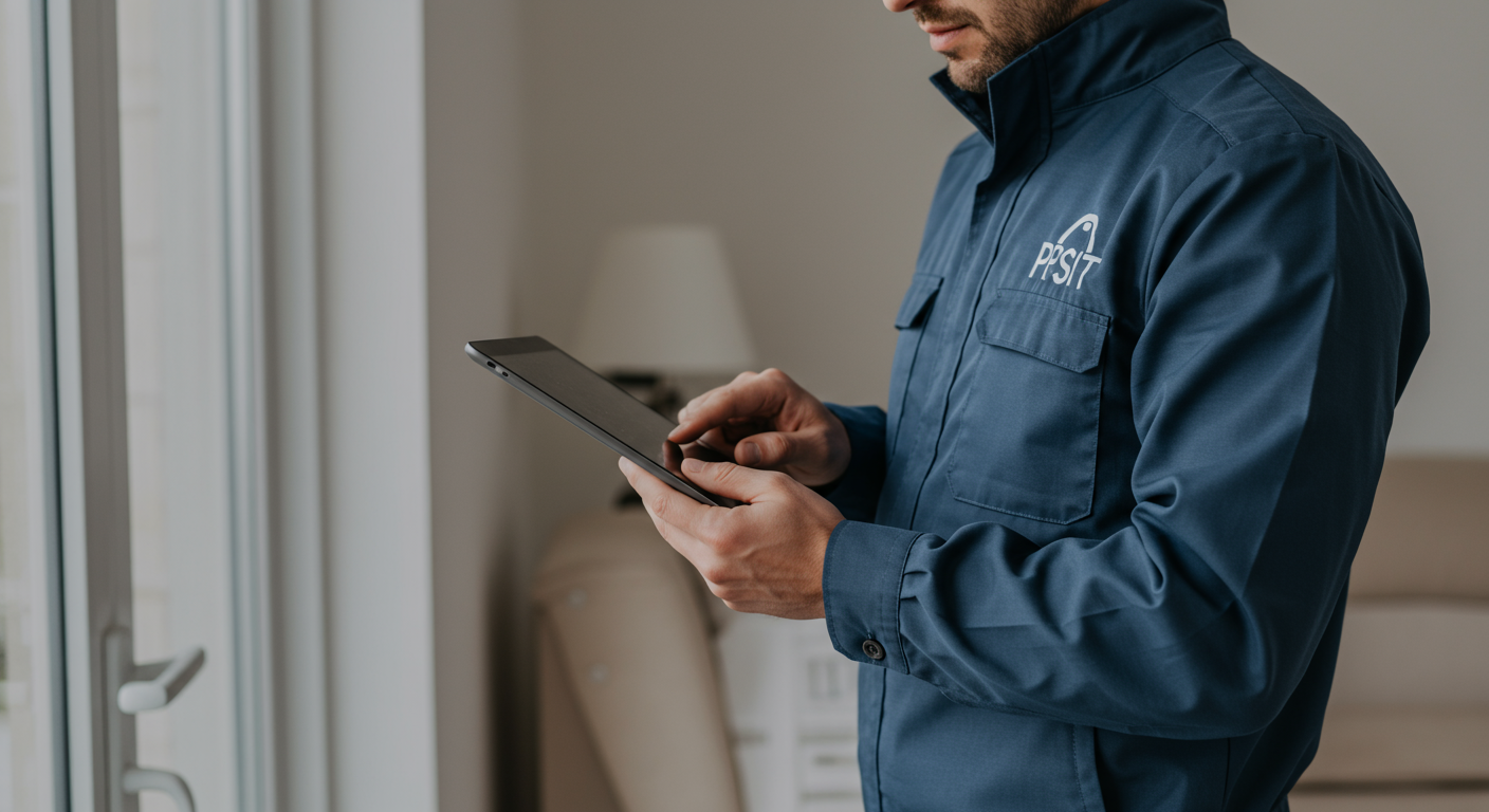 A professional exterminator in uniform, inspecting a residential property for pest issues. The exterminator is using a tablet to document findings, showcasing modern technology in pest control.